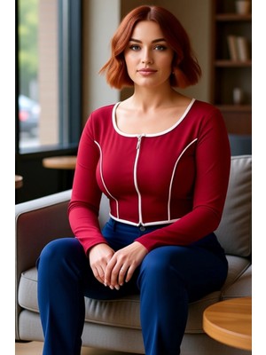 FRM Kadın Uzun Kollu Fermuarlı Bluz Vücuda Oturan Kesim Esnek Örme Crop Model Kontrast Biye Detayları