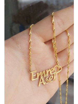 Özgür Takı 925 Ayar Gümüş 24 Ayar Altın Kaplama Kalpli Kolye Özel Tasarım İki İsimli