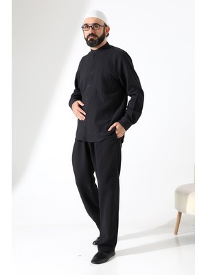 İhvan Online Erkek Müslin Hakim Yaka Cepli Gömlek Pantolon Ikili Takım, Hac Umre Kıyafeti - Siyah (Ans)