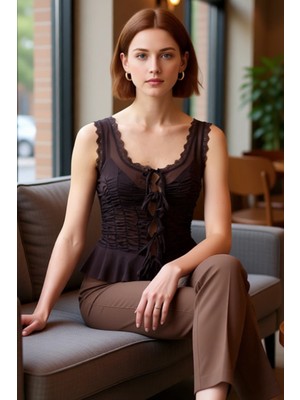 FRM Kadın Kare Yaka Büzgülü Tül Bluz Kaliteli Şık Rahat Modern Zarif Günlük