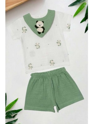 Dinamik çocuk Panda Yaka Nakışlı Raporlu Müslin 2li Takım Unisex Kız Erkek Bebek Yazlık Alt Üst Aylık