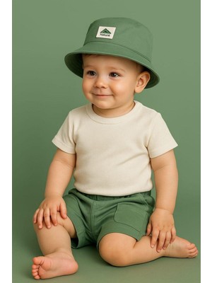 Dinamik çocuk Oversize Safari Şapkalı Cep Detaylı Omuzdan Çıtçıtlı Waffle Tshirt Yazlık Erkek Bebek Takım Aylık