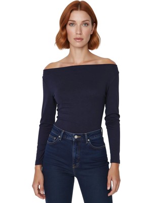 Ersefa Kadın Viskon Esnek Kayık Yaka Uzun Kollu Fitted Bluz Düşük Kol Rahat Günlük Kombinler Için