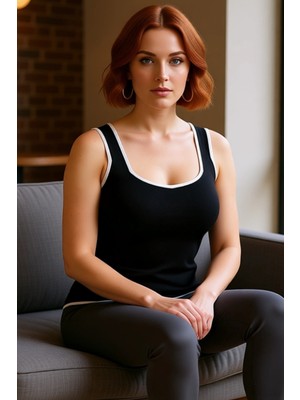 FRM Moda Büyük Beden Kalp Yaka Triko Fit Düz Desen Casual Günlük Regular Askılı Kol Bluz