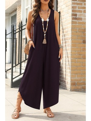 Evyora Kadın Askılı Yuvarlak Yaka Cepli Salaş Uzun Viskon Tulum