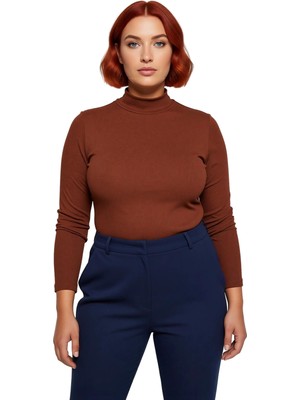 Ersefa Kadın Vücuda Oturan Fitilli Dik Yaka Örme Bluz Büyük Beden Gündelik Konforlu ve Şık