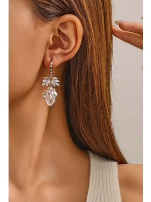 Fayra Accessories Zirkon ve Berrak Kuvars Doğal Taşlı Beyaz Altın Kaplama Küpe