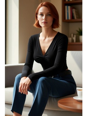 FRM Kadın Moda Şık Regular V Yaka Slim Kalıp Örme Pamuklu Göğsü Büzgülü Fitted Vücuda Oturan Boy Bluz