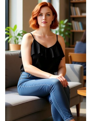 FRM Moda Büyük Beden V Yaka Dokuma Regular Düz Desen Casual Günlük Regular Askılı Kol Bluz