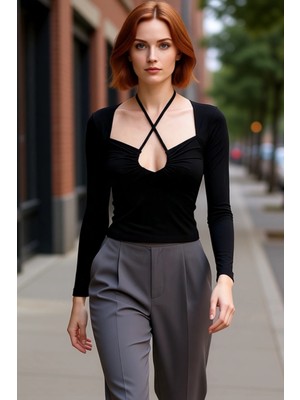 PayBuy Kadın Slim Fit Boyundan Bağlamalı Esnek Örme Bluz Uzun Kollu Smart Basic Kesim Günlük ve Gece