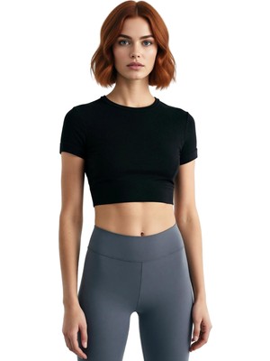 Ersefa Kadın Dalgıç Kumaş Sporcu Bluz Bisiklet Yaka Kısa Kol Hafif Destekli Fitted Kesim Günlük Spor