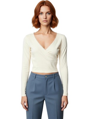 Ersefa Moda Kruvaze Örme Slim Düz Desen Casual Günlük Crop Uzun Kol Bluz