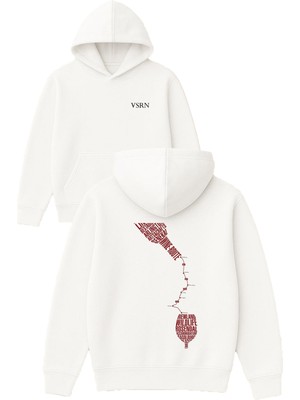 Vsrn Wıne Route Tasarım Baskılı Oversize Beyaz Kapüşonlu Sweatshirt