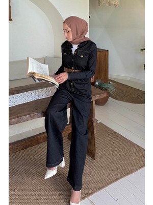 Lamelif Düğme Kapama Kemerli Tulum Siyah