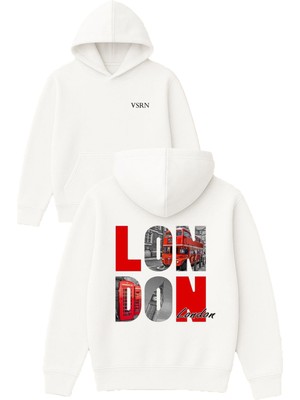 Vsrn London Kırmızı Tasarım Baskılı Oversize Beyaz Kapüşonlu Sweatshirt