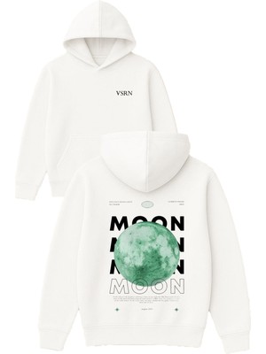 Vsrn Yeşil Moon Tasarım Baskılı Oversize Beyaz Kapüşonlu Sweatshirt