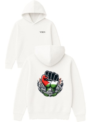 Vsrn Özgür Filistin Tasarım Baskılı Oversize Beyaz Kapüşonlu Sweatshirt