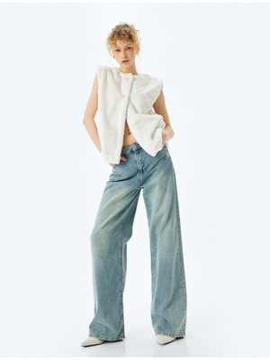 Koton Suni Kürk Bisiklet Yaka Düğmeli Kolsuz Yelek