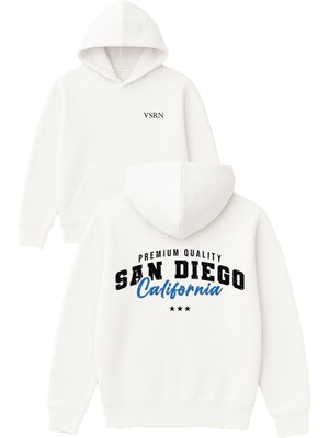 Vsrn San Diego California Tasarım Baskılı Oversize Beyaz Kapüşonlu Sweatshirt