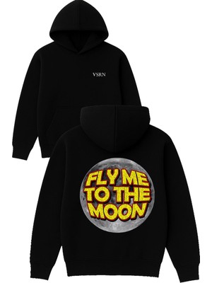 Vsrn Fly Me To The Moon Tasarım Baskılı Oversize Siyah Kapüşonlu Sweatshirt