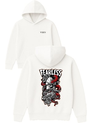 Vsrn Fearless Skate Board Tasarım Baskılı Oversize Beyaz Kapüşonlu Sweatshirt