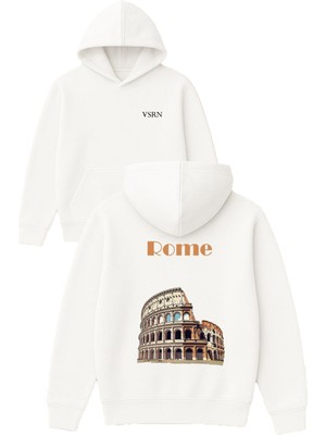 Vsrn Rome Tasarım Baskılı Oversize Beyaz Kapüşonlu Sweatshirt