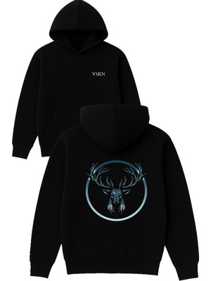 Vsrn Geyik Mavi Tasarım Baskılı Oversize Siyah Kapüşonlu Sweatshirt