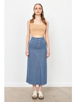 Accort Yüksek Bel Uzun Kot Etek-Mavi