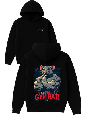 Vsrn Im Gym Rat Tasarım Baskılı Oversize Siyah Kapüşonlu Sweatshirt