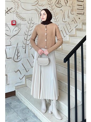 Lamelif Links Desenli Crop Hırka Camel