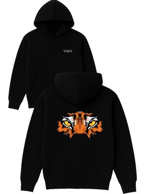 Vsrn Kaplan Gözleri Tasarım Baskılı Oversize Siyah Kapüşonlu Sweatshirt