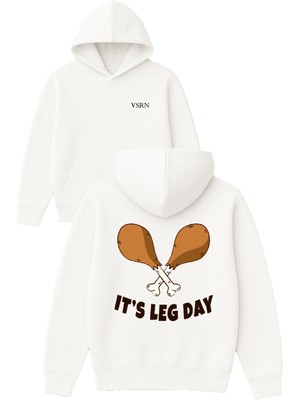 Vsrn Its Leg Day Tasarım Baskılı Oversize Beyaz Kapüşonlu Sweatshirt