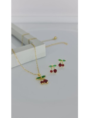 Sones Aksesuar Kiraz Gold Kolye Küpe Çelik Takı Seti