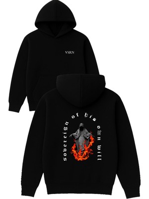Vsrn Alevli Büyücü Tasarım Baskılı Oversize Siyah Kapüşonlu Sweatshirt