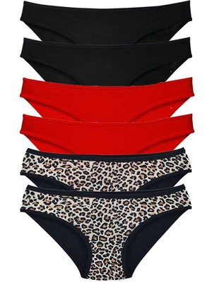 MELENERS 6 Adet Özel Set Likralı Yumuşak Dokulu Kadın Slip Külot Leopar Siyah Kırmızı