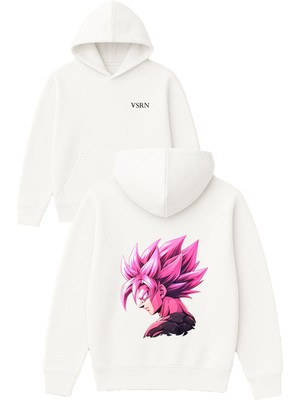 Vsrn Anime Pembe Tasarım Baskılı Oversize Beyaz Kapüşonlu Sweatshirt