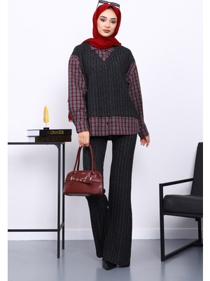 İmaj Butik Antrasit Ekose Gömlek Detaylı Pantolonlu Triko Takım