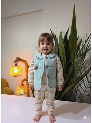 Şimo Butik Bayramlık Kız Bebek Çiçek Desenli Üçlü Takım (Omuzdan Çıtçıtlısweatshirt+Fitilli Yelek+Pantolon)