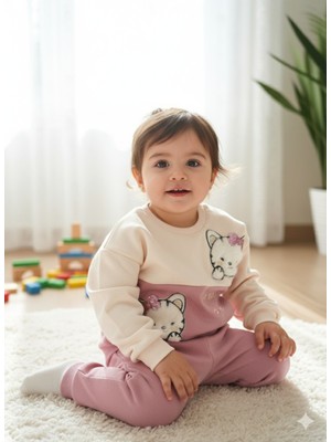 Şimo Butik Kız Çocuk Peluş Detaylı Kabartmalı Kalın Takım Cepli %100 Pamuk