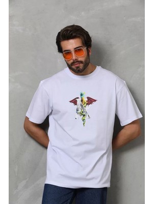 Moda Unisex Bisiklet Yaka Baskılı Oversize T-Shirt - Beyaz