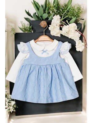 Dinamik çocuk Fiyonklu Bebe Yaka Badili Elbise 0-2 Yaş Kol Detaylı Kendinden Desenli Pike Kumaş