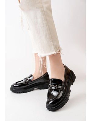 Asmi Shoes Kadın Siyah Rugan Ince Tokalı Loafer Ayakkabı  Siyah