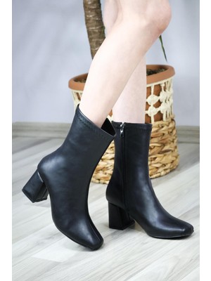 Asmi Shoes Kadın Siyah Cilt Lumos Küt Burun Topuklu Fermuarlı Bot  Siyah Cilt
