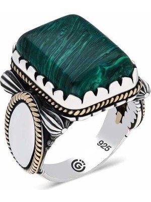 Gumush ​Gümüş Kare Yeşil Akik Taşlı Erkek Yüzük - 24