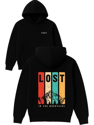 Vsrn Lost Dag Tasarım Baskılı Oversize Siyah Kapüşonlu Sweatshirt