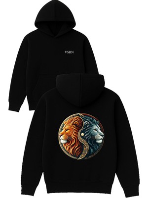 Vsrn Iki Aslan Tasarım Baskılı Oversize Siyah Kapüşonlu Sweatshirt