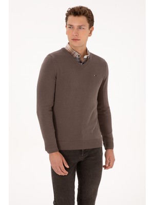 U.S. Polo Assn. Erkek Slim Fit V Yaka Vizon Kazak Trend Desenli Tasarım  50313668-VR052