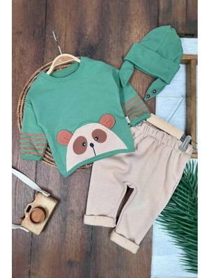 Dinamik çocuk Ayıcık Baskılı Mevsimlik Şeritli Kol Detaylı Kulaklı Bere Oversize 3lü Erkek Bebek Takım Aylık