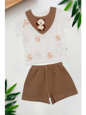 Dinamik çocuk Panda Yaka Nakışlı Raporlu Müslin 2li Takım Unisex Kız Erkek Bebek Yazlık Alt Üst Aylık