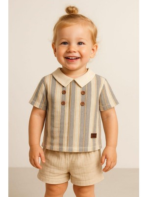 Dinamik çocuk Erkek Bebek/çocuk Yakalı 2li Takım Ham Keten Yazlık Kumaş Alt Üst 3-6-9-12-19-24AYLIK